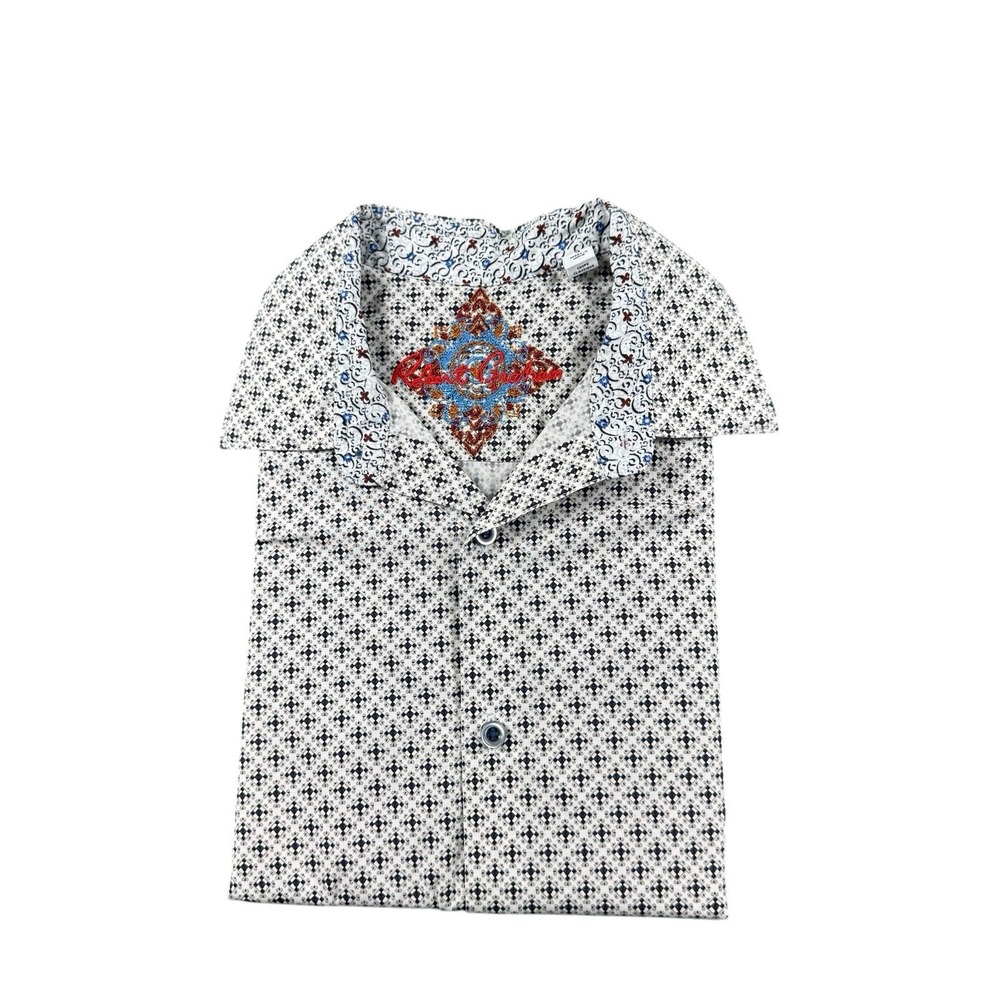 Robert Graham White Blue Geometric AOP Cotton S/S Button Front Size Small